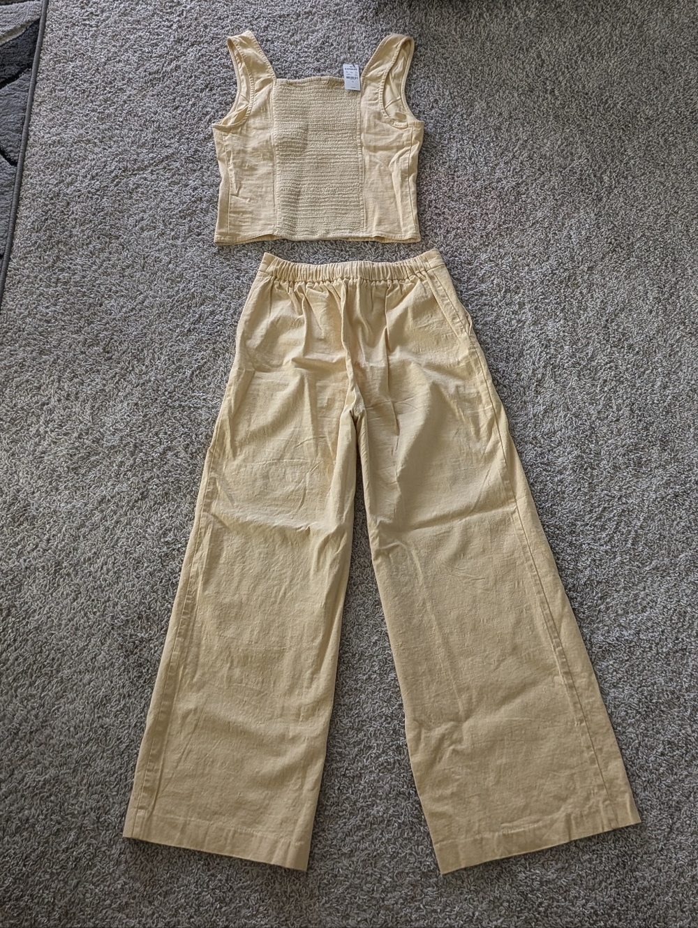 Express Wide Leg 2 Piece Linen Outfit Set In Yellow - Picture 6 of 9